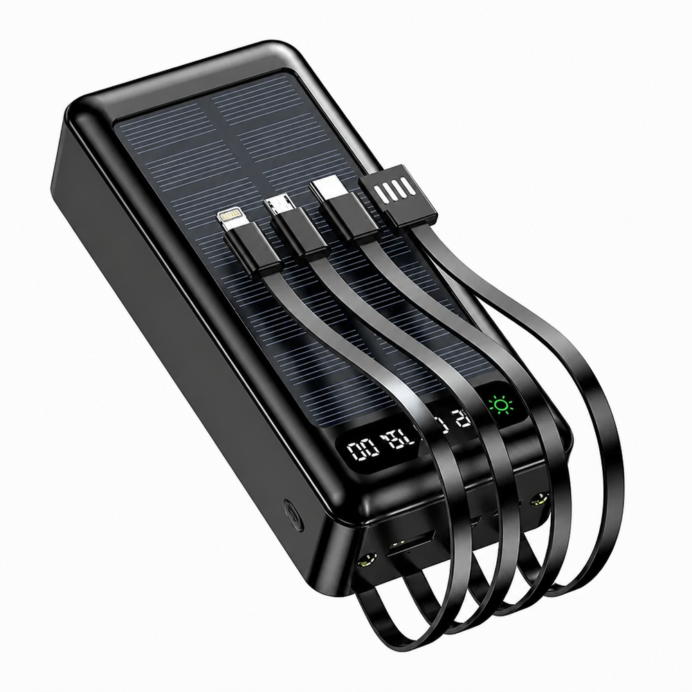 Power Bank Solar 20000 mAh 4 en 1 — Cables Integrados y Linterna